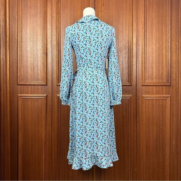 Little Moon Blue Elm Floral Wrap Midi Wrap Women Longsleeves Ruffle Dress Sz XXS - Picture 3 of 16
